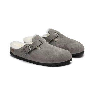 Birkenstock Boston VL Shearling  Suede Leather Clog Sandal - Stone Coin